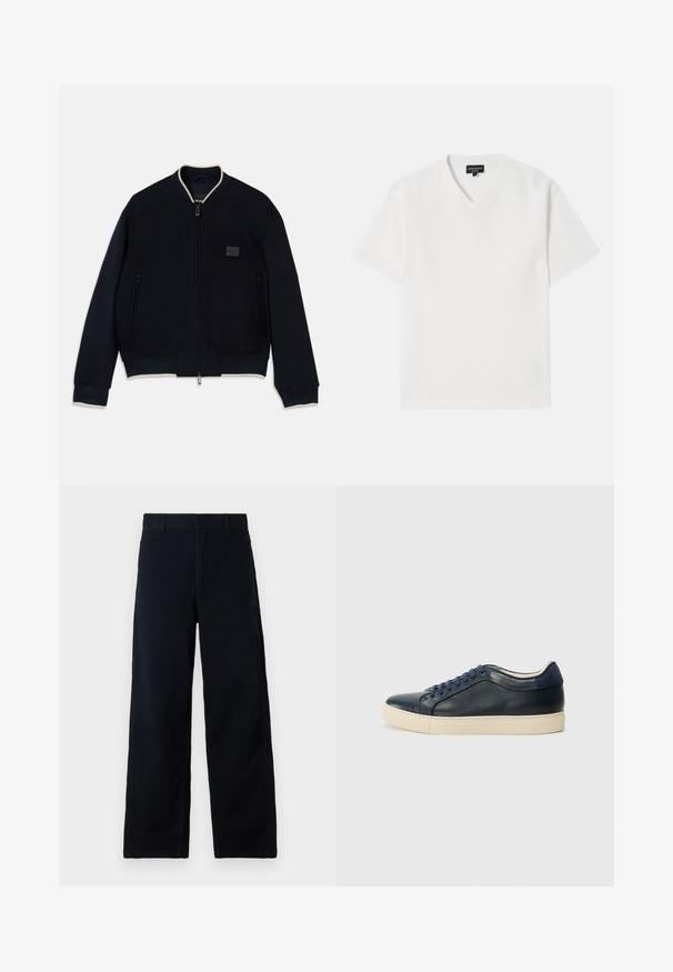 Jūrinis bombonešio švarkas, pagamintas iš minkštos vilnos su užtrauktuku. Turi kontrastingą smėlio spalvos apykaklę, šonines kišenes ir tekstūruotą logotipo užsegimą.; Baltas trumpomis rankovėmis V-švarkas, pagamintas iš tekstūruoto audinio su subtiliu raštu. Papuoštas mažomis logotipu ant krūtinės.; Juodos plačios kelnės iš medvilnės su lygiu paviršiumi, turinčios standartinį juosmenį ir subtilius šonus. Nėra matomų kišenių.; Tamsiai mėlynos odinės sportbačiai su kreminiu guminiu padu, turintys mėlynas raišteles ir lygų paviršių. Suapvalintas pirštas ir minimalistinis dizainas.