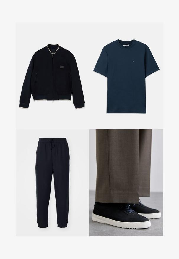 Marinblå bomberjacka i mjuk fleece med dragkedja. Har en kontrasterande beige krage, sidofickor och ett strukturerat logotypmärke.; Marinblå bomulls t-shirt med rund hals, kort ärm och en diskret logotyp tryckt på bröstet. Slät textur och klassisk passform.; Svarta joggingsbyxor i texturerat tyg, med elastisk midja och dragsko samt avsmalnande anklar.; Svarta mockaskor med vita gummi-sulor, med rund tå och snören, bärs tillsammans med grå skräddarsydda byxor.
