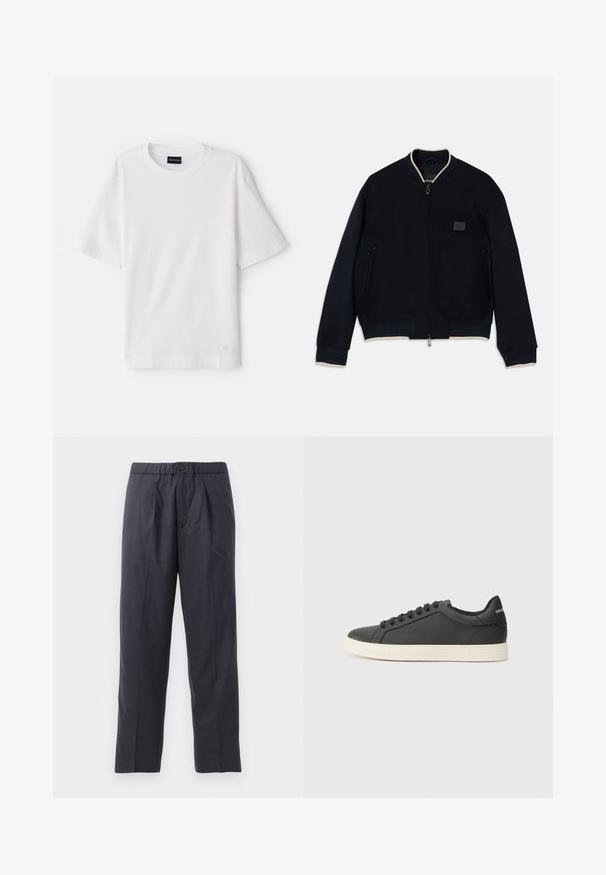 Jūrinis bombonešio švarkas, pagamintas iš minkštos vilnos su užtrauktuku. Turi kontrastingą smėlio spalvos apykaklę, šonines kišenes ir tekstūruotą logotipo užsegimą.; Balta trumpa rankovė t-shirt, pagaminta iš tekstūrinio, raukšlėto audinio. Turi apvalų kaklą ir nedidelį logotipo akcentą šalia apatinės dalies.; Tamsiai mėlynos kelnės, pagamintos iš švelnios medžiagos, su klostėtu priekiu ir elastingu juosmeniu. Yra mygtuko užtrauktukas ir tiesios išklikimo pjūvis.; Juodos odinės sportinės bateliai su žemu profiliu, apvaliu pirštu ir raištelių uždarymu; turi tekstūruotą guminį padą ir logotipo detalę ant kulno.