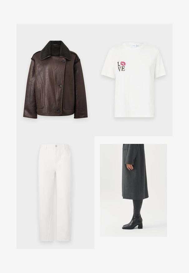 Brun lærjakke med en myk, mørk krage. Har to frontknapper, løs passform og glatt tekstur med synlige sømdetaljer.; Hvit bomull t-skjorte med korte ermer. Har teksten "LOVE" i svart og dyreprint, samt et rødt leppeprint på venstre side.; Hvite vide jeans laget av denim, med knappelukking, to frontlommer og rene sømmer. Enkel design uten synlige mønstre.; Grå, skreddersydd frakk med rett snitt; kombinert med knehøye svarte lærstøvler med firkantet tå og kraftig hæl.