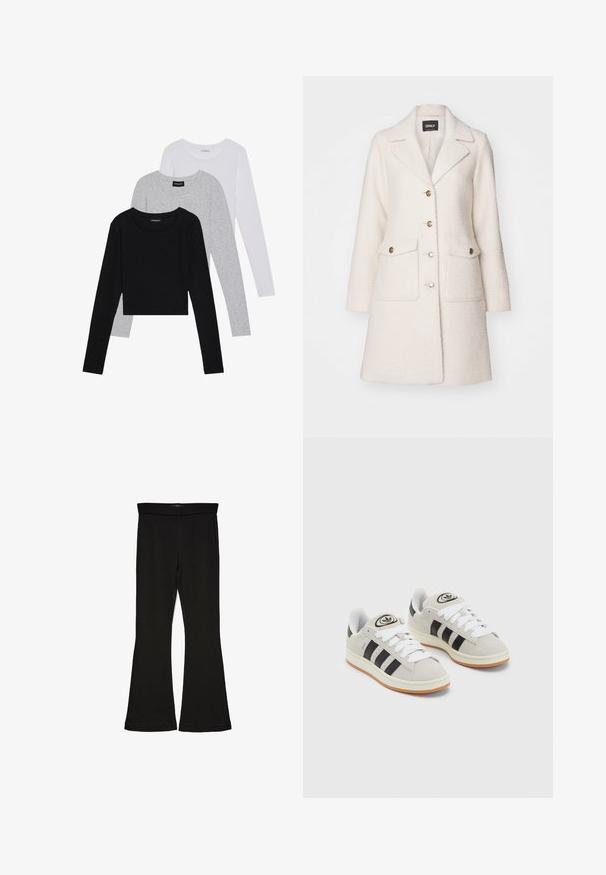 Casaco branco em mistura de lã com colarinho definido, design de duplo botão, botões dourados e dois bolsos frontais. Textura suave e corte a meio comprimento.; Três camisetas de manga longa empilhadas: preta, cinza e branca. Cada uma tem um decote redondo e um design cropped, feitas de um tecido leve e suave.; Leggings pretos em flare feitos de um tecido elástico. Apresentam uma cintura larga e uma textura suave, com um silhueta ajustada que se alarga na bainha.; Tênis de camurça cinza com atacadores brancos, riscas pretas e uma sola de borracha branca. Apresenta um logótipo circular na língua e uma sola de borracha.