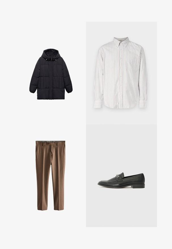 Černý zateplený kabát s kapucí, se čtvercovým vzorem, s předním zacvakáváním a dvěma bočními kapsami. Měkký, zateplený materiál.; GANT 75TH ANNIVERSARY CAPSULE - REL HERITAGE OXFORD STRIPE SHIRT - Košilová halenka - eggshell; Hnědé, elegantní kalhoty vyrobené z texturované tkaniny. Obsahují jedno tlačítko na zapínání, dvě přední kapsy a střih rovného střihu.; Černé kožené mokasíny s hladkým povrchem, s prošívaným designem a dekoračním kovovým řetízkem přes nárt. Plochý podpatek.