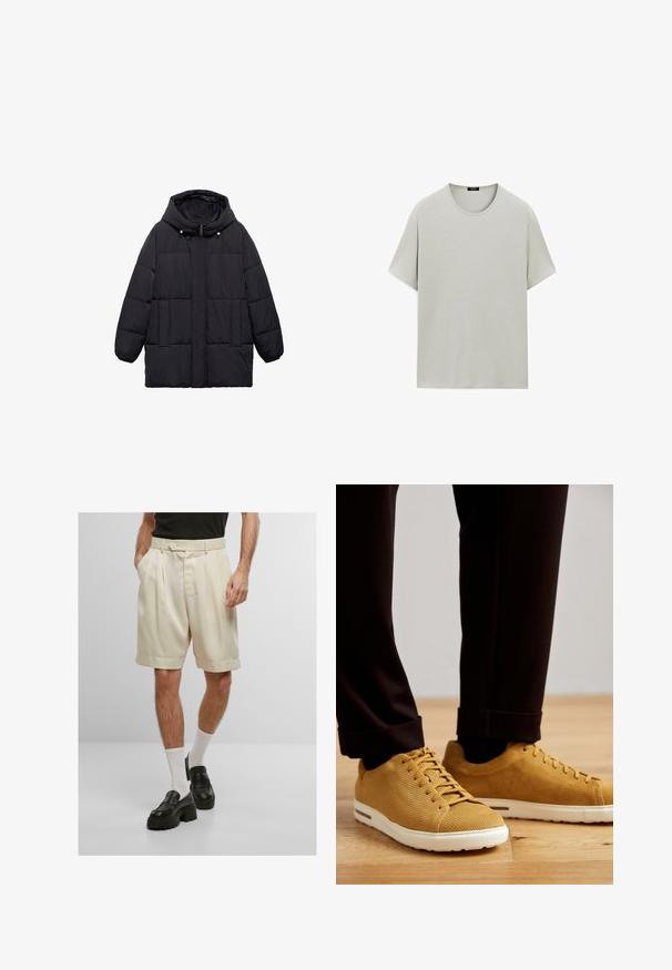 Giacca a vento nera con cappuccio, caratterizzata da un design a trapunta, chiusura frontale a scatto e due tasche laterali. Materiale morbido e isolante.; T-shirt grigio chiaro a maniche corte realizzato in cotone morbido, con un classico scollo rotondo e una vestibilità rilassata senza cuciture visibili.; Pantaloni corti plissettati di colore crema con tasche laterali, chiusura a bottone e risvolti, abbinati a mocassini platform neri e calzini bianchi.; Sneakers gialli a coste con suole bianche, caratterizzati da punta rotonda, design con lacci e superficie texturizzata, indossati con pantaloni neri a risvolto su un pavimento in legno.