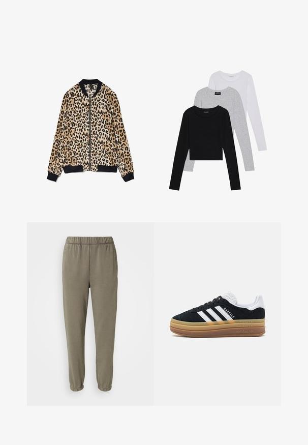 Løveprikket bomberjakke laget av mykt stoff, med svart ribbestrikket krage og mansjetter, samt glidelås foran og kontrasterende teksturer.; Tre lange ermer t-skjorter stablet: svart, grå og hvit. Hver har en rund hals og et kort design med glatt, lett stoff.; GAP Joggebukse - greenish grey; Sorte semsket sneakers med hvite detaljer og tre striper, med en teksturert hvit hæl, gummisåle og "Gazelle"-merke.