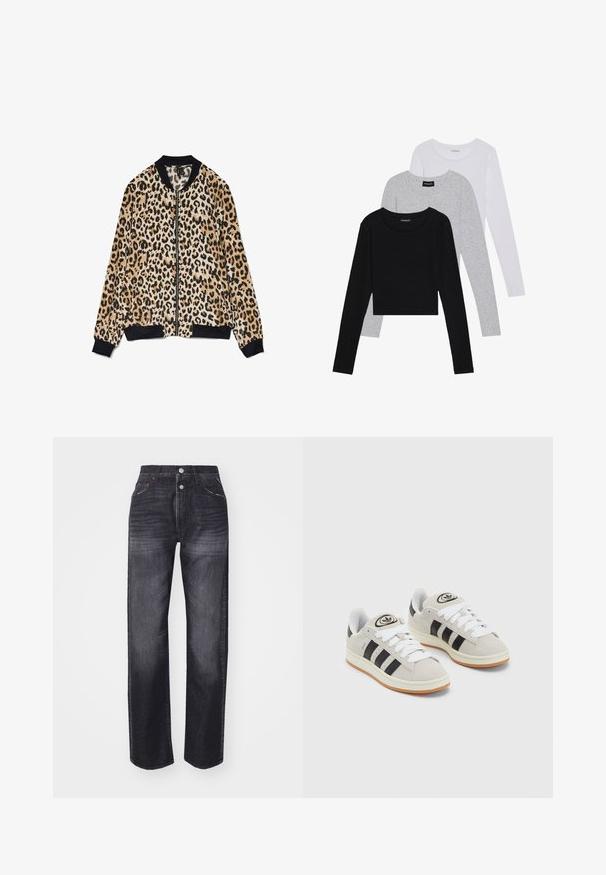 Tigrinės raštos bombonešio striukė, pagaminta iš minkštos medžiagos, su juodu iškildu krageliu ir rankogaliais, priekyje su užtrauktuku ir kontrastingomis tekstūromis.; Trijų ilgomis rankovėmis marškinėlių krūva: juodas, pilkas ir baltas. Kiekvienas turi apvalų iškirpimą ir trumpą dizainą, pagamintas iš lygaus, lengvo audinio.; Tamsūs džinsai su aukštu liemeniu, tiesiu kojų kirpimu, penkių kišenių dizainu ir metalinėmis mygtukų detalėmis. Audinys su išblukusiu raštu.; Grynos zomšos sneakeriai su baltais raišteliais, juodomis juostelėmis ir balta gumine sole. Turintys apskritą logotipą ant liežuvėlio ir guminę sole.
