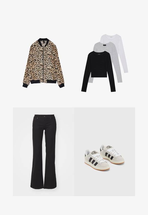 Leopárdmintás bomber dzseki, puha anyagból készült, fekete bordázott gallérral és mandzsettával, elöl cipzárral záródik, és eltérő textúrákkal rendelkezik.; Három hosszú ujjú póló egymásra rakva: fekete, szürke és fehér. Mindegyiknek kerek nyaka van, és rövidített fazonnal rendelkezik, sima, könnyű anyagból készült.; Fekete, fléderen szabott pamut nadrág, cipzáras cipzárral és két gombbal, elöl zsebekkel és sima textúrával. Egyszerű és sokoldalú dizájn.; Szürke velúr sportcipők fehér fűzővel, fekete csíkokkal és fehér gumitalppal. A nyelvén kör alakú logó található, illetve a talpa színes gumi.