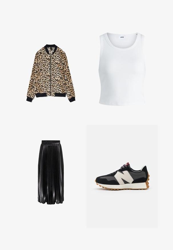 Chaqueta bomber de estampado de leopardo, hecha de tejido suave, con un cuello y puños de canalé negros, cierre frontal de cremallera y texturas contrastantes.; Top de tirantes blanco con canalé, con un cuello redondo, diseño sin mangas y largo corto. La etiqueta dice "JJXX". Textura de tela suave.; Falda midi negra plisada con acabado brillante, cinturilla elástica y pliegues verticales prominentes, que ofrecen un aspecto texturizado y fluido.; Zapatillas de ante negras y grises con un gran logo "N" en color crema, cordones morados y una suela de goma texturizada en color marrón.