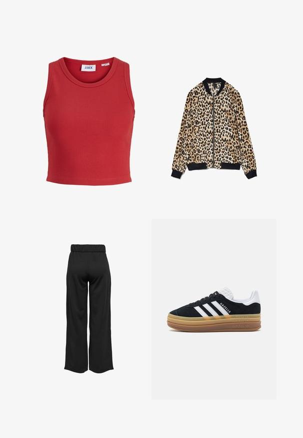 Jachetă bomber cu imprimeu de leopard, confecționată dintr-un material moale, având un guler și manșete ribbate negre, cu închidere frontală cu fermoar și texturi contrastante.; Top scurt fără mâneci, cu dungi roșii, guler rotund și tiv cusut. Prezintă un etichetă în interiorul gulerului. Material moale, texturat.; Pantaloni negri, cu croi larg și talie elastică, realizați dintr-un material neted. Au un design simplu, fără buzunare sau detalii de cusătură vizibile.; Tenis cu blăniță neagră, cu accente albe și trei dungi, având un toc alb texturat, talpă din cauciuc și branding "Gazelle".