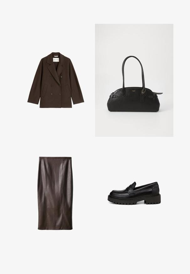 Palton maro cu două rânduri de nasturi, având un rever lat, două buzunare frontale și accente de nasturi negri. Confecționat dintr-un material moale, texturat.; Pulover tricotat ușor de culoare maro închis, cu guler rotund, mâneci lungi, tiv și mansete cu nervuri, având o textură netedă și un design minimalist.; Fustă tip creion din piele maro, cu o textură netedă, până la genunchi, având cusături verticale pentru design. Fără accesorii sau detalii suplimentare.; Marc O'Polo LOAFER MIT ROBUSTER PROFIL - Pantofi slip-on - black; Geantă din piele neagră cu o formă rotundă, două mânere lungi, accesorii aurii și un eticheta mică atașată. Închidere cu fermoar în partea de sus.