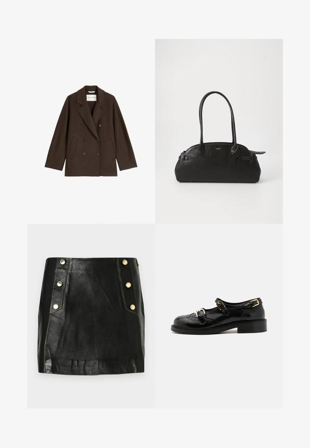 Brauner, doppelt gebügelter Mantel mit breitem Revers, zwei Fronttaschen und schwarzen Knopfakzenten. Hergestellt aus einem weichen, strukturierten Material.; Dunkelbrauner, leichter Strickpullover mit Rundhalsausschnitt, langen Ärmeln, geripptem Saum und Bündchen. Er zeichnet sich durch eine glatte Textur und ein minimalistisches Design aus.; Schwarzer Leder-Minirock mit taillierter Passform, ausgestattet mit goldfarbenen Knöpfen auf einer Seite und sichtbaren Nähdetails. Glatte Textur.; Schwarze Lederschuhe mit Broguedetails, ausgestattet mit zwei Schnallenriemen, einer abgerundeten Zehenpartie und einem flachen Absatz. Glatte Textur mit glänzendem Finish.; Schwarze Lederhandtasche mit runder Form, zwei langen Griffen, goldenen Beschlägen und einem kleinen Anhänger. Mit Reißverschluss oben.