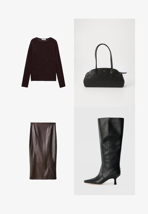 Rjav dvoredni plašč z širokim ovratnikom, dvema sprednjima žepoma in črnimi gumbnimi poudarki. Narejen iz mehkega, strukturiranega materiala.; Temno rjav lahka pletena pulover, okrogla izreza, dolgi rokavi, rebrast rob in manšete, z gladko teksturo in minimalnim dizajnom.; Rjav usnjeni svinčnik mini krilo z gladko teksturo, do kolen, z navpičnimi šivi za oblikovanje. Brez dodatnih kovinskih delov ali okrasov.; Črne usnjene škornje do kolen s koničastim nosom, elegantnim dizajnom in zoženim 3-palčnim peto. Imajo zlat poudarek na zadnji strani.; Črna usnjena torbica s zaobljeno obliko, dvema dolgima ročajema, zlatim okovjem in pritrjenim majhnim etiketom. Zadrga na vrhu.