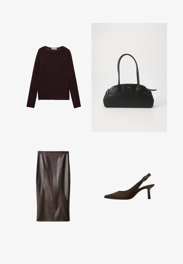 Cappotto marrone doppiopetto con ampio risvolto, due tasche frontali e bottoni neri. Realizzato in un materiale morbido e testurizzato.; Maglione leggero marrone scuro a maglia, con scollatura rotonda, maniche lunghe, orlo e polsini a costine, caratterizzato da una superficie liscia e un design minimalista.; Gonna a matita in pelle marrone con una texture liscia, lunga fino al ginocchio, caratterizzata da cuciture verticali per il design. Senza accessori o dettagli aggiuntivi.; Décolleté in suede marrone con punta affusolata, design elegante, tacco sottile e dettaglio con fibbia sul cinturino alla caviglia.; Borsa a mano in pelle nera di forma arrotondata, con due manici lunghi, dettagli in oro e un piccolo cartellino attaccato. Chiusura superiore con cerniera.