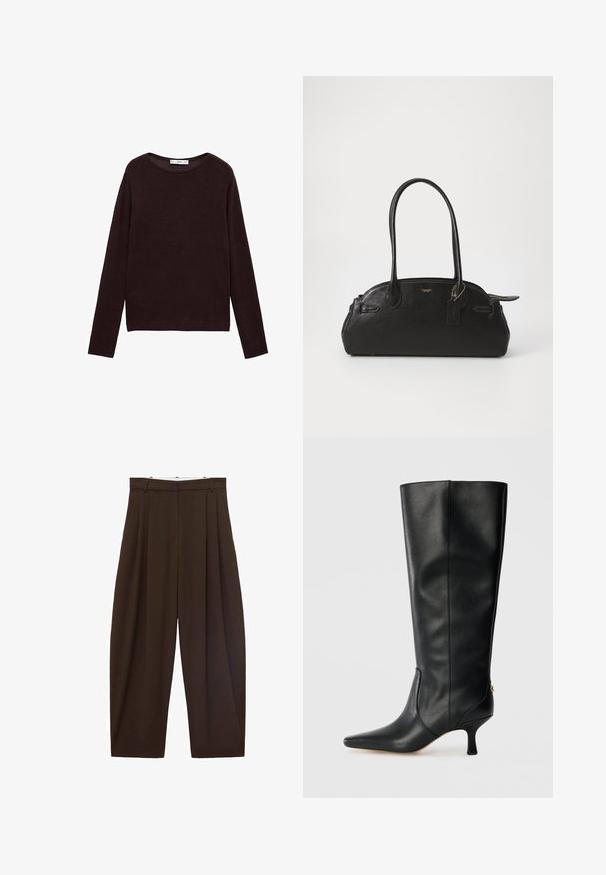 Manteau marron à double boutonnage, avec un large col, deux poches avant et des accents de boutons noirs. Fabriqué à partir d'un matériau doux et texturé.; Pull léger en tricot marron foncé, col rond, manches longues, ourlet et poignets côtelés, avec une texture lisse et un design minimaliste.; Pantalons taille haute marron avec des plis, fabriqués en tissu lisse. Coupe ample, design droit, avec passants de ceinture et fermeture éclair.; Botte noire en cuir, montante jusqu'au genou, avec un bout pointu, un design épuré et un talon effilé de 3 pouces. Elle présente un accent doré à l'arrière.; Sac à main en cuir noir de forme arrondie, avec deux longues poignées, des éléments en métal doré et une petite étiquette accrochée. Fermeture zippée sur le dessus.; Bague en or présentant un design lisse et courbé qui s'entrelace, offrant une finition polie sans gravures ni accents visibles.