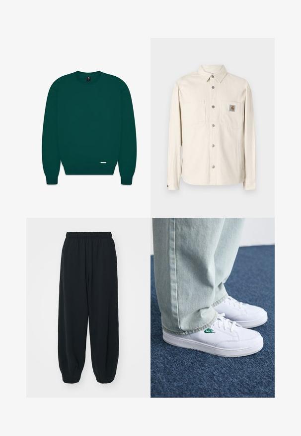 Bežinė, ilgomis rankovėmis marškinėlių striukė su sagčių priekine dalimi, dviem krūtinės kišenėmis, sidabriniais priedais ir Carhartt logotipo etikete kairėje kišenėje.; Tamsiai žalia pūkinė megztinė su apvalia iškirpte, pagaminta iš medvilnės mišinio, su raštuotais rankogaliais ir apatine dalimi, minimalistinio dizaino, su mažu logotipo žymeniu kairėje apačioje.; Juodi, su elastiniu juosmeniu sportiniai kelnės su laisvu siluetu, suapvalintais kulkšnimis, lygia tekstūra ir be matomų raštų ar metalinių akcentų.; Balti odiniai sportbačiai su žaliu Nike logotipu, apvalia nosimi, plokščiu padu, derinami su šviesiai mėlynomis džinsinėmis kelnėmis, rodomi ant mėlynos kiliminės dangos.