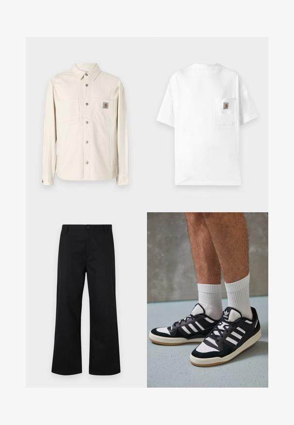 Bežinė, ilgomis rankovėmis marškinėlių striukė su sagčių priekine dalimi, dviem krūtinės kišenėmis, sidabriniais priedais ir Carhartt logotipo etikete kairėje kišenėje.; Baltas medvilnės marškinėliai su apvaliu kaklu, trumpomis rankovėmis ir krūtinės kišene, kurios dizainas papuoštas logotipo pleistru. Minimalistinis dizainas ir vientisa tekstūra.; Juodos plačios kojos kelnės, pagamintos iš lygaus audinio. Yra sagų priekinis uždarymas ir standartinė liemens dalis. Minimalistinis dizainas, be matomų raštų.; Juodos ir baltos sportinės bateliai su zomšiniu ir odiniu viršumi, su trimis baltomis juostelėmis, perforuota koja ir guminėmis padais.