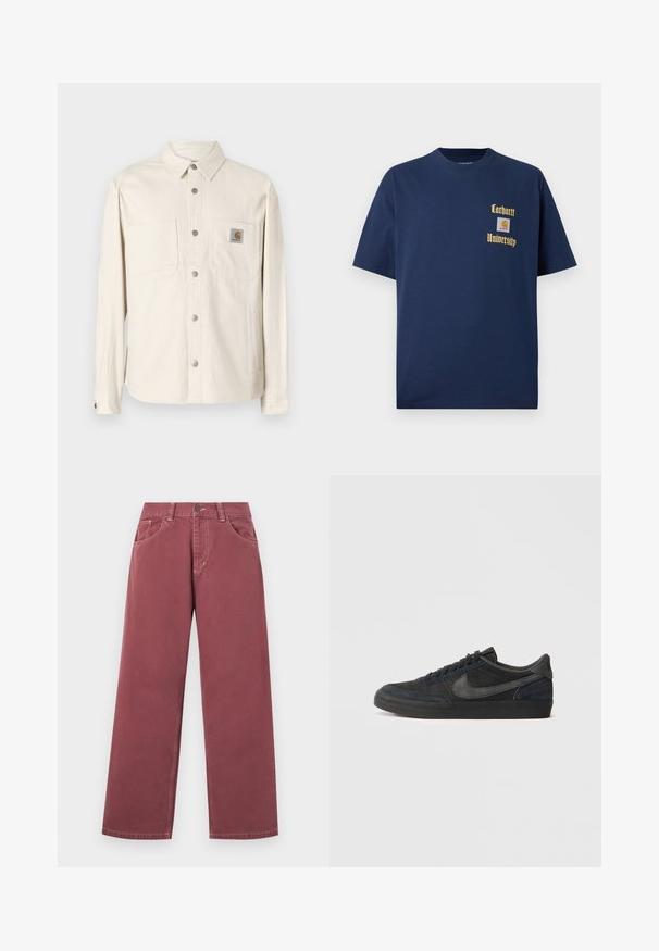 Béžová košile s dlouhým rukávem ve stylu bundy, s knoflíkovým zapínáním vpředu, dvěma kapsami na hrudi, stříbrnými doplňky a štítkem Carhartt na levé kapse.; Námořnická modrá bavlněná tričko s krátkým rukávem, se zlatým textem "Carhartt University" a nášivkou na levé hrudi.; Široké burgundské džíny vyrobené z hladkého bavlněného materiálu, s předními kapsami, poutky na opasek a jedním knoflíkem na zapínání.; Černé semišové tenisky s nízkým profilem, gumovou podrážkou, texturovanými bočními panely a tónovým logem Nike swoosh. Šněrování na přední části, polstrovaný límec.