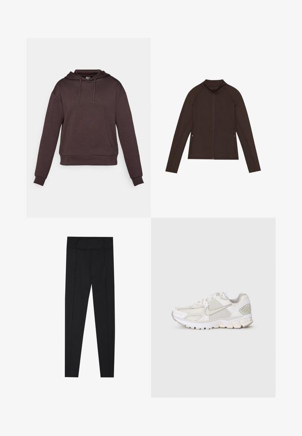 Even&Odd active ESSENTIAL FULL ZIP SPORTS JACKET WITH POCKETS - Training jacket - dark brown; Brown hooded sweatshirt with long sleeves, made of soft fabric. Features a drawstring hood and a ribbed hem at the bottom and cuffs.; Black leggings featuring a smooth texture, high waistband, and stitching details along the sides. Slim-fit design, suitable for various activities.; White athletic shoe with mesh and synthetic materials. Features a textured design, padded collar, and geometric accents on the heel.