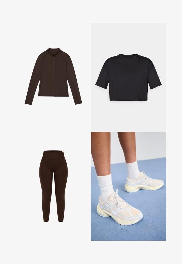 Even&Odd active Trainingsvest - dark brown; Zwarte cropped t-shirt gemaakt van zachte stof, met een ronde halslijn en korte, brede mouwen, met een eenvoudig, naadloos ontwerp.; Bruine hoge taille legging gemaakt van rekbaar materiaal, met een gladde textuur en een nauwsluitend ontwerp, zonder zichtbare patronen of hardware.; Slanke sportieve schoenen in lichtgeel en wit, met een combinatie van mesh- en synthetische materialen, een afgeronde vorm en gestructureerde zolen.