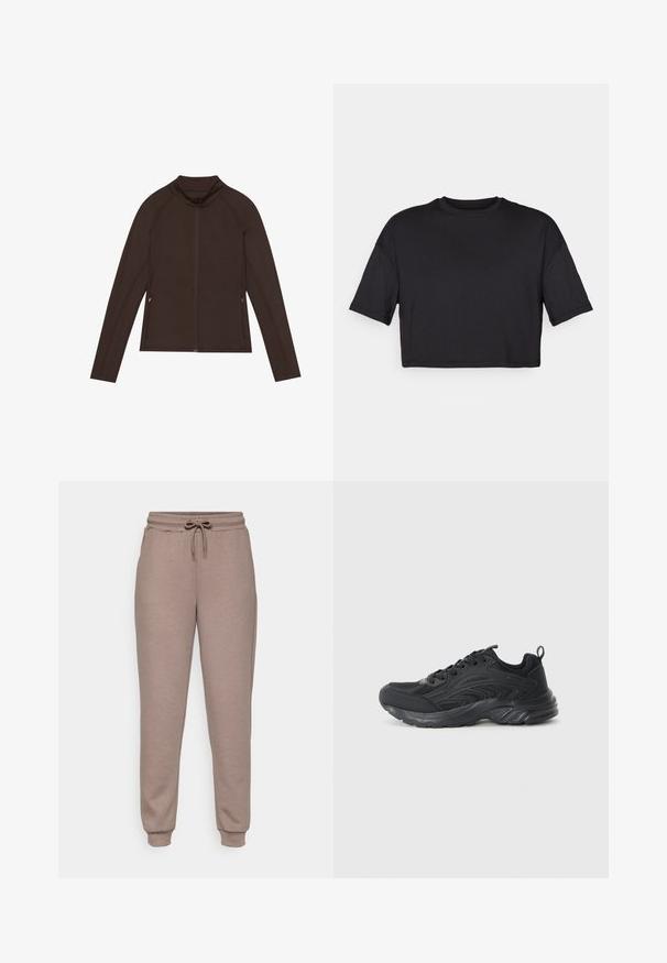 Even&Odd active ESSENTIAL FULL ZIP SPORTS JACKET WITH POCKETS - Træningsjakke - dark brown; Sort cropped t-shirt lavet af blødt stof, med en rund halsudskæring og korte, brede ærmer, med et enkelt, sømløst design.; ONLY Play ONPLOUNGE LIFE HW REG SWT PNT - Træningsbukser - brown; Sort sportssko med mesh-overdel, strukturerede detaljer og polstret sål. Har snørebånd og en bagsløjfe for nem påtagning.