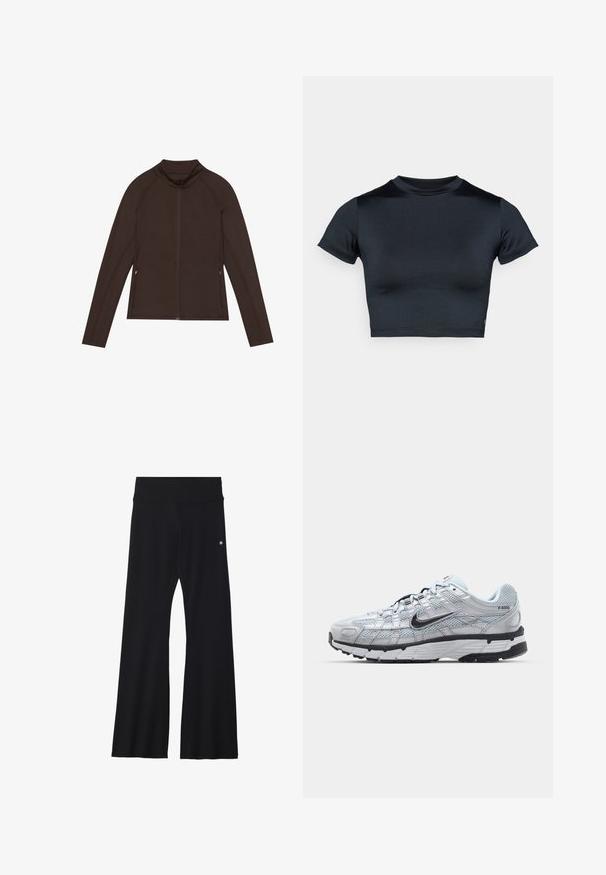 Even&Odd active FITTED TRAINING JACKET WITH FULL ZIP AND POCKETS
- Trainingsvest - dark brown; Kort mouw cropped top in donker marineblauw, gemaakt van glad, rekbaar stof. Voorzien van een ronde halslijn en minimale stikdetails. Geen zichtbare logo's.; Zwarte flared yoga broek van rekbaar materiaal, met een brede tailleband en een klein logo nabij de heup. Glad textuur, geen patronen.; Nike P-6000 sneakers met een lichtgrijze mesh bovenkant, zwarte accenten en een duurzame zwarte rubberen zool. Kenmerkt zich door een ingewikkeld ontwerp en vetersysteem.