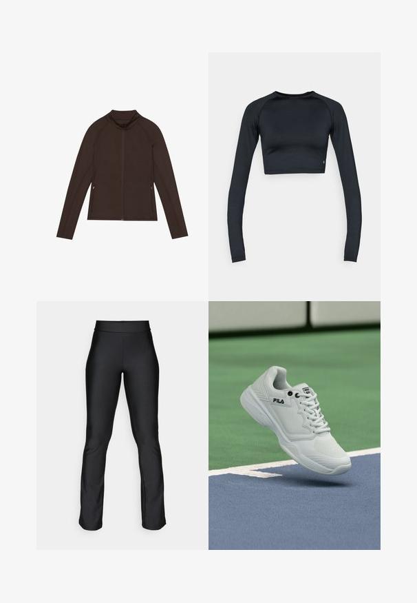 Even&Odd active Treningsjakke - dark brown; Svart crop-top med lange ermer laget av glatt, elastisk stoff. Har rund halslinning og tettsittende design, med subtil detaljering ved kanten.; Svart stretch leggings med en glatt tekstur og en tettsittende design. Har en bred midjebånd og svak flare ved anklene. Ingen synlige mønstre.; Hvit FILA sportssko med snøring henger over en tennisbane med grønn og blå overflate og hvite linjer.