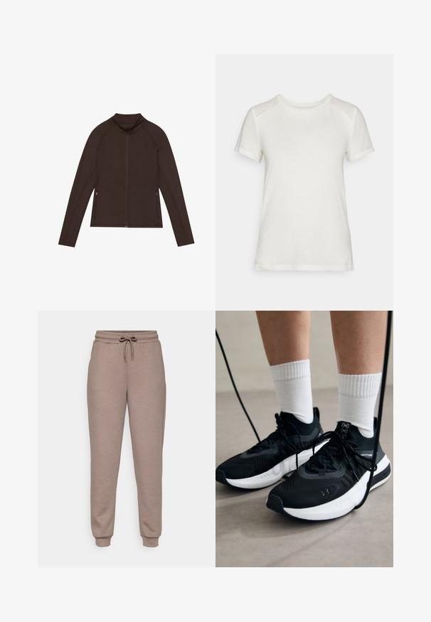 Even&Odd active Træningsjakke - dark brown; Hvid kortærmet t-shirt lavet af blødt stof, med en rund halsudskæring og en afslappet pasform med glatte, sømløse skulderdetaljer.; ONLY Play ONPLOUNGE LIFE REG NOOS - Træningsbukser - brown; Sorte sportssko med tekstureret stof, hvid sål og sorte snørebånd. Båret med hvide ribbede sokker, stående på en lys overflade.