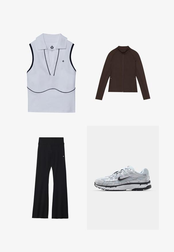 Even&Odd active FITTED TRAINING JACKET WITH FULL ZIP AND POCKETS
- Trainingsjacke - dark brown; Weißes ärmelloses Sportoberteil mit einem Kragen-Ausschnitt, tiefem V-Ausschnitt, schwarzer Einfassung und einem kleinen Logo in der oberen linken Ecke.; Schwarze, ausgestellte Yogahosen aus elastischem Material, mit einem breiten Bund und einem kleinen Logo nahe der Hüfte. Glatte Textur, keine Muster.; Nike P-6000 Sneakers mit einem Obermaterial aus leichtem grauem Mesh, schwarzen Akzenten und einer langlebigen schwarzen Gummisohle. Verfügt über ein komplexes Design und ein Schnürsystem.