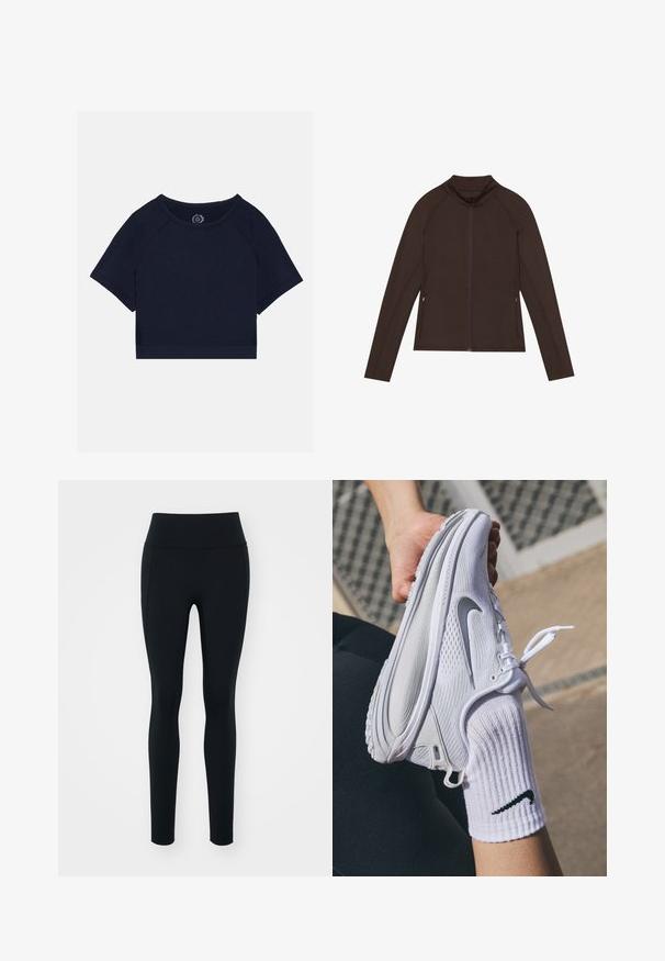 Even&Odd active Jakna za treniranje - dark brown; Tamno plavi skraćeni majica s kratkim raglan rukavima, okruglim izrezom i teksturiranim bočnim detaljima. Izrađena od mekog, udobnog materijala.; Crne tajice od rastezljivog materijala s visokim strukom. Glatka tekstura, uski dizajn i bez vidljivih ukrasa ili uzoraka.; Bijela sportska cipela s teksturiranim dizajnom i sivim Nike logom, drži se iznad bijele čarape. Cipela ima fleksibilnu petu i vezice.