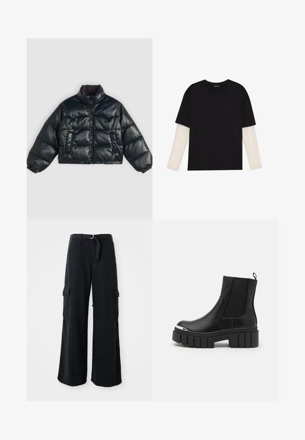 Black cropped puffer jacket with a shiny finish, high collar, zip closure, and two side pockets; features elastic cuffs and a padded design.; Black T-shirt made of cotton, featuring short sleeves over a white long-sleeve layer with a subtle textured pattern. Crew neckline design.; Black wide-leg cargo pants made of cotton with a tie belt, featuring two side pockets and a smooth fabric texture.; Black ankle boots made of smooth leather with elastic panels, a thick platform sole, and a metallic toe cap.