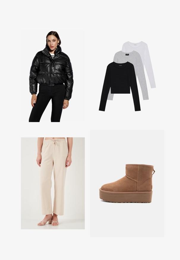 Chaqueta de puffa corta de cuero negro con un alto cuello, cierre de botones a presión, cintura elástica y textura acolchada. Combinada con pantalones negros.; Tres camisetas de manga larga apiladas: negra, gris y blanca. Cada una tiene un escote redondo y un diseño recortado con una tela suave y ligera.; Pantalones beige de corte relajado con cintura elástica y cordón. Textura suave; diseño de pierna ancha. Combinados con sandalias de color claro con tiras.; Botín de ante en color marrón claro con suela de plataforma, punta redondeada y detalles de costura; cuenta con una lengüeta en la parte trasera para facilitar su uso.