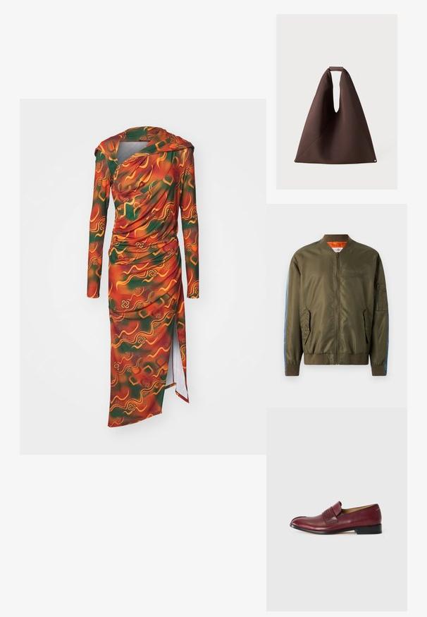 Õliväärisne rohelise värvi bomber-jakk, millel on lukuga esiosa, soonikkoes varrukad, küljetaskud ja sinise teksakanga aktsendid varrukatel; oranž vooder ja tikandiga detail.; Pikendatud varrukatega kleit, mis on elava oranži, rohelise ja kollase abstraktse mustriga. Kude on sile, drapeeritud detailide ja külgsonga ning tehnikaga.; Tumepunane nahast libisev pidžaama king, millel on madal must konts ja ülaltriibul embossitud logo.; Pruun kangastoot bag, millel on ainulaadne kuju, laia avaga, tekstureeritud pind ja väike ringikujuline aksessuaar põhjas.