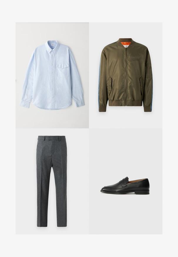 Olíva zöld bomber dzseki, elől zippel, bordás mandzsettákkal, oldalsó zsebekkel és kék farmer részletekkel a ujjakon; narancssárga bélés és hímzett mintázat.; Világoskék, gombos ing, puha anyagból készült, klasszikus gallérral, hosszú ujjakkal és a mellzsebével, amelynek fedél van.; Szürke, finom kockás mintájú, testre szabott nadrág, egyenes lábdesignnal és sima anyagtextúrával. Övváltók és cipzáras nyitás található rajta.; Fekete bőr mokaszin, kerek orral, diszkrét varrásokkal és alacsony sarokkal, sima felülettel és minimalista dizájnnal.