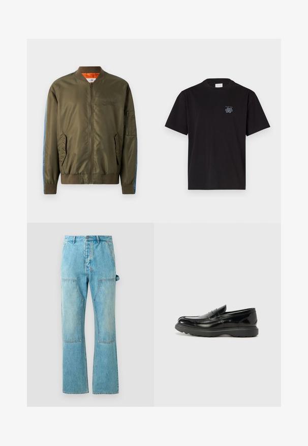 Olive green bomber jacket with a zip front, ribbed cuffs, side pockets, and blue denim accents on sleeves; orange lining and embroidered detail.; Black cotton t-shirt with a crew neck and short sleeves. Features a small blue logo on the left chest. Simple, straight-cut design.; Light blue denim jeans with a flared leg, featuring contrasting patchwork panels, front pockets, and a button closure at the waist.; Black leather loafer with a glossy finish, rounded toe, subtle stitching details, and a thick rubber sole for durability.