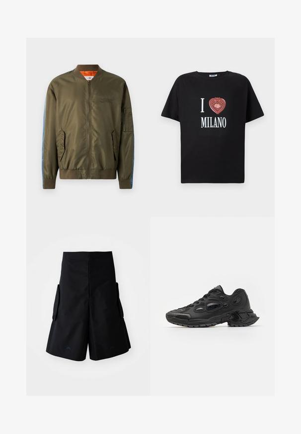 Õliväärisne rohelise värvi bomber-jakk, millel on lukuga esiosa, soonikkoes varrukad, küljetaskud ja sinise teksakanga aktsendid varrukatel; oranž vooder ja tikandiga detail.; Must musta T-särk lühikeste varrukatega, millel on punane südamekujuline kujundus, kus on kirjas "I ❤️ MILANO" ja "Polly Pocket".; A-COLD-WALL* FORM SHORT - Lühikesed püksid - black onyx; Mustad mustreeritud tehisülemaga mustad spordijalatsid, ümarate varvastega ja eristuslike ovaalsete lõigetega. Omavad robustset kummist tallat, mis tagab haarde.