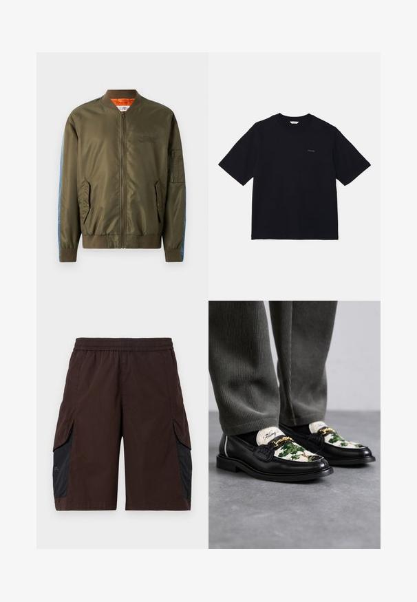 Alyvų žalios spalvos bomber tipo striukė su užtrauktuku priekyje, sutrauktais rankogaliais, šoninėmis kišenėmis ir mėlynos džinsinės medžiagos akcentais ant rankovių; oranžinė pamušalas ir išsiuvinėti detalės.; Juodas trumpas rankovėmis marškinėliai, pagaminti iš medvilnės, su apvalia iškirpte ir mažu logotipu kairėje krūtinės pusėje. Lygus tekstūros ir laisvas kirpimas.; Rudos šortai su elastinga juosmeniu, kuriuose yra juodi šonai ir kišenės. Medžiaga atrodo lengva su lygiu paviršiumi.; Juodi odiniai loafer'iai su dekoratyviu žaliu ir baltu tekstiliniu viršumi. Pavarstyta auksinė grandinė ir tekstūruotas juodas padas.