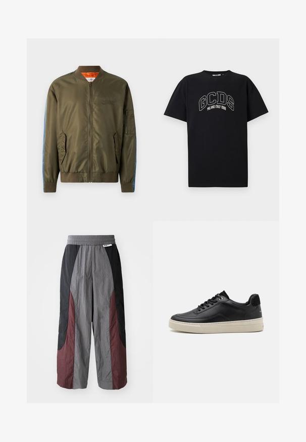 Olive zelen bomber jakna z zadrgo spredaj, rebrastimi manšetami, stranskimi žepe in modrimi denim detajli na rokavih; oranžna podloga in vezenina.; Črn bombažni majica s kratkimi rokavi. Vsebuje belo GCDS logotip in napis "MILANO ITALY 1988" v loku. Standardno prileganje in krožni ovratnik.; Hlače širokih nogavic iz lahkega materiala, z barvno blokirano zasnovo v črni, sivi in burgundski barvi ter elastičnim pasom.; Črne usnjene superge z nizkim profilom, ki imajo smetanasto barvo gumijastega podplata, okroglo konico in vezalni dizajn, poudarjene z črnim semiš petnim delom.