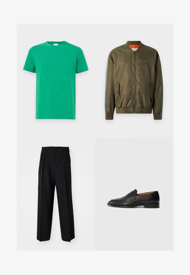 Oliwkowa bomberka z zamkiem z przodu, ściągaczami przy mankietach, kieszeniami bocznymi oraz niebieskimi wstawkami na rękawach; pomarańczowe podszewka i haftowane detale.; Zielona bawełniana koszulka z krótkim rękawem, okrągłym dekoltem i gładką fakturą. Prosty design bez wzorów czy ozdób.; Czarne plisowane spodnie o prostym, szerokim kroju nogawek. Wykonane z gładkiego materiału, z zapięciem na guzik i pętelkami na pasek.; Czarne skórzane mokasyny z zaokrąglonym noskiem, subtelnymi przeszyciami i niskim obcasem, charakteryzujące się gładką teksturą i minimalistycznym designem.