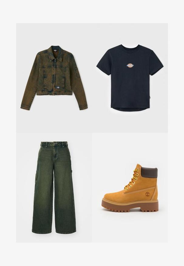 Džinsinis švarkas išblukusios alyvuogių žalios spalvos, su užtrauktuku priekyje, klasikiniu apykakle ir dviem krūtinės kišenėmis su logotipo žyme kairėje pusėje.; Juodas medvilninis trumpomis rankovėmis marškinėliai, su apvalia iškirpte ir mažą daugiaspalvį logotipą ant krūtinės. Tiesus apdaila su šiek tiek ilgesne nugara.; Plati krovimo kelnės tamsiai žalia denim. Yra matomi siūlai, mygtuko uždarymas ir šoninės kišenės. Lygus paviršius su šiek tiek išblukusiais plotais.; Kavos spalvos vandeniui atsparūs auliniai batai su tvirtu gumuotu padu, apvalia nosimi, rudos odos apykakle, geltonomis raištelėmis ir logotipu šone.