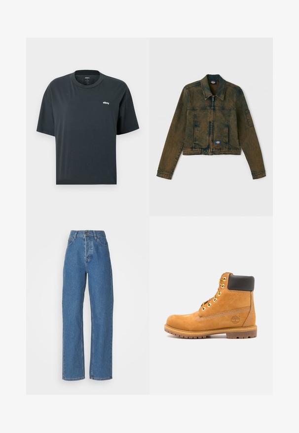 Džínová bunda ve vybledlé olivové barvě, s předním zipem, klasickým límcem a dvěma hrudními kapsami s logem na levé straně.; Černé unisex tričko s krátkým rukávem s malým bílým logem "obey" na levé straně hrudi a kulatým výstřihem.; Džíny s vysokým pasem, rovného střihu, modré barvy s vybledlým vzhledem. Obsahují pět kapes, zapínání na knoflík a jemné detaily prošívání.; Hnědá kožená kotníková bota s černým polstrováním, zlatými očky a texturovanou podrážkou. Obsahuje kruhové logo po boku a akcenty v podobě prošívání.