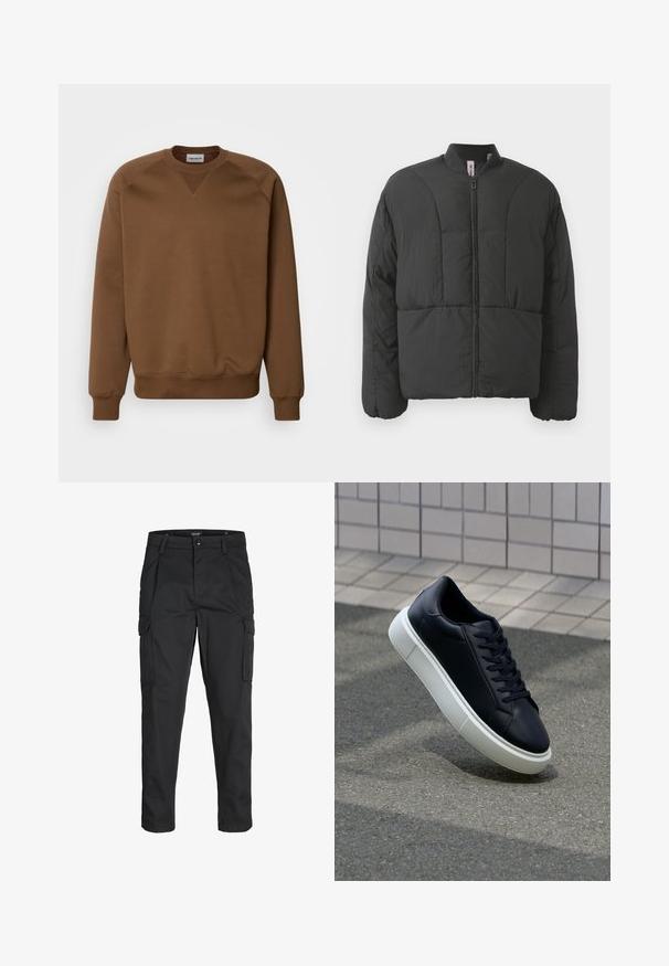 Černá zhuštěná bunda s vysokým límcem, předním zipem a dvěma velkými bočními kapsami. Vyznačuje se hladkým, lehkým materiálem a prošívaným designem.; Carhartt WIP CHASE - Mikina - chocolate/gold; Černé cargo kalhoty vyrobené z odolné tkaniny, s mnoha kapsami, knoflíkovým zapínáním a slim fit střihem se zúženými nohavicemi.; Černé kožené tenisky s kulatou špičkou a bílou gumovou podrážkou. mají ploché tkaničky a minimální šití na svršku. Texturovaná podrážka pro lepší přilnavost.