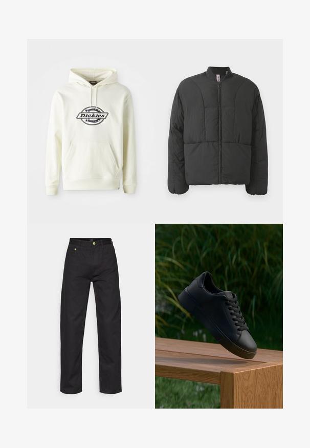 Black padded jacket with a high collar, front zipper, and two large side pockets. Features a smooth, lightweight fabric and quilted design.; Cream hoodie made of soft fabric with a front pocket. Features a black logo on a circular design. Ribbed cuffs and hem.; Black denim trousers with a straight cut, featuring green accent buttons and standard five-pocket design. Smooth texture, classic styling.; Black leather sneaker with laces appears to float above a wooden bench, green grass and plants in the blurred background.