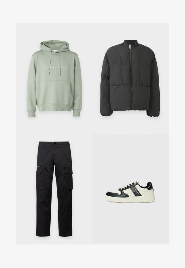 Veste matelassée noire avec un col haut, fermeture éclair frontale et deux grandes poches latérales. Elle présente un tissu lisse et léger avec un design matelassé.; Sweat à capuche vert clair avec une poche avant, un capuchon réglable à cordon de serrage et un logo blanc "JACK & JONES" sur la poitrine. Texture lisse.; Pantalons cargo noirs avec plusieurs poches, une poche zippée sur la cuisse, coupe droite et tissu en coton résistant avec un léger éclat.; Baskets en cuir avec un schéma de couleurs noir et crème, dotées d'accents perforés, d'un col rembourré et d'une semelle texturée.