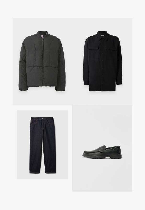 Fekete, párnázott dzseki magas gallérral, elülső cipzárral és két nagy oldalsó zsebbel. Simaságot és könnyű anyagot kínál, valamint steppelt kialakítással rendelkezik.; Fekete gombos ing, sima anyagból készült, klasszikus gallérral, két elülső zsebbel és hosszú ujjakkal, amelyek gombos mandzsettával záródnak.; Sötét farmernadrág, egyenes szabással, gombos és cipzáras záródással, két elülső zsebbel és kontrasztos narancssárga varrással.; Fekete bőr mokaszinok sima felülettel, a mokaszin stílusú felsőrésszel, varrott részletezéssel és gumitalppal. Klasszikus dizájn alacsony sarokkal.