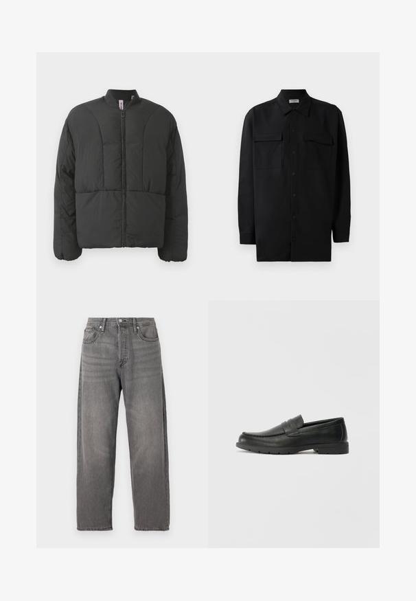 Casaco acolchoado preto com gola alta, fecho na frente e dois grandes bolsos laterais. Apresenta um tecido suave e leve, com design acolchoado.; Camisa preta de botão, feita de um tecido suave, com golas clássicas, dois bolsos frontais e mangas longas com punhos abotoados.; Jeans de ganga cinza com um corte largo, pernas retas, design de cinco bolsos e fecho de botão metálico. Apresenta uma textura desbotada e costuras subtis.; Sapatos mocassins de couro preto com acabamentos lisos, parte superior em estilo mocassins, detalhes em costura e sola de borracha. Design clássico com um salto baixo.