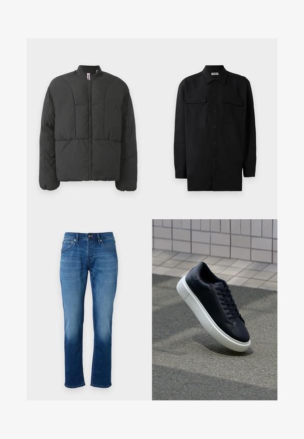 Črna podložena jakna z visokim ovratnikom, sprednjim zadrgo in dvema velikima stranskima žepoma. Ima gladko, lahko tkanino in prešito zasnovo.; Črn srajčni zgornji del iz gladkega materiala, s klasičnim ovratnikom, dvema sprednjima žepoma in dolgimi rokavi z gumbi na manšetah.; Modri traper hlače ravnega kroja, mehkega tekstila, s petimi žepi in z gumbom za zapiranje. Tkanina ima učinek bledenja.; Črne usnjene superge z zaobljenim prstom in belim gumijastim podplat. Imajo ravne vezalke in minimalno šivanje na zgornjem delu. Teksturirani podplat za oprijem.