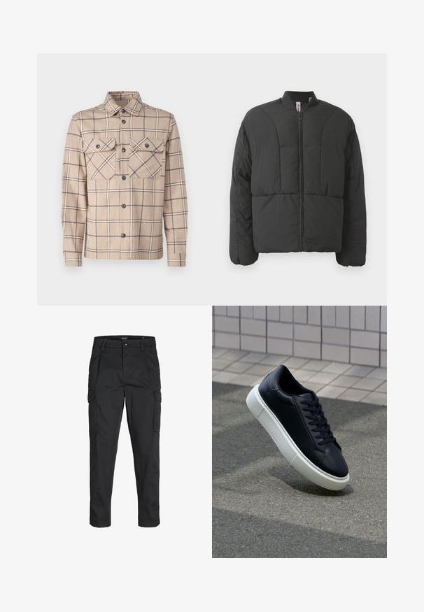 Must mustaga, millel on kõrge krae, esipikkus ja kaks suurt küljetaskut. Omab siledaid, kergeid kangaid ja tikanditud disaini.; Beež ruuduline särgitagi, mis on valmistatud kangast, millel on kaks rinna(taskut), nööpidega esiosa ja tumedad aktsendid ruutudena.; Mustad mustapõlvik, mis on valmistatud tugeva koe kasutades, sisaldab mitmeid taskuid, nupule kinnitatav sulgemine ja kitsenev disain.; Mustast nahast tennisetoss, millel on ümar nina ja valge kummist tall. Omab siredaid paelu ja minimaalset õmblemist ülemises osas. Tekstuuriga tald, mis tagab haakuvuse.