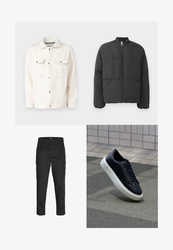 Black padded jacket with a high collar, front zipper, and two large side pockets. Features a smooth, lightweight fabric and quilted design.; Fleece jacket in off-white with button closure, two chest pockets, and a shirt collar. Features a textured surface and rounded cuffs.; Black cargo pants made of sturdy fabric, featuring multiple pockets, a button closure, and a slim fit design with tapered legs.; Black leather sneaker with rounded toe and white rubber sole. Features flat laces and minimal stitching on the upper. Textured sole for grip.