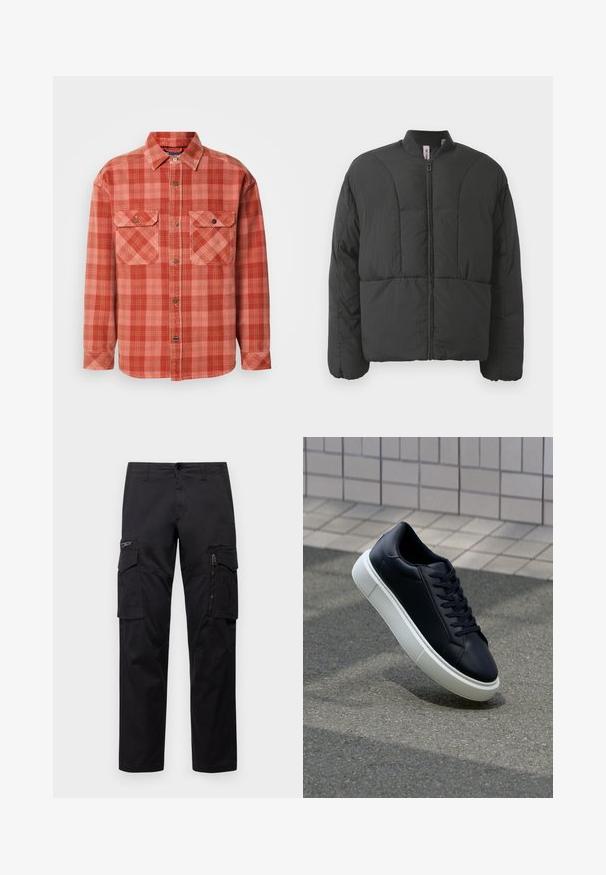 Giacca nera imbottita con colletto alto, zip frontale e due ampie tasche laterali. Presenta un tessuto liscio e leggero e un design trapuntato.; Camicia in flanella a scacchi rossi e rosa con maniche lunghe, colletto con bottoni, due tasche sul petto e dettagli dei bottoni in contrasto.; Pantaloni cargo neri con multiple tasche, tasca con zip sulla coscia, vestibilità dritta e in resistente cotone con un leggero lucido.; Sneaker in pelle nera con punta arrotondata e suola in gomma bianca. Presenta lacci piatti e cuciture minime sulla parte superiore. Suola testurizzata per una migliore aderenza.