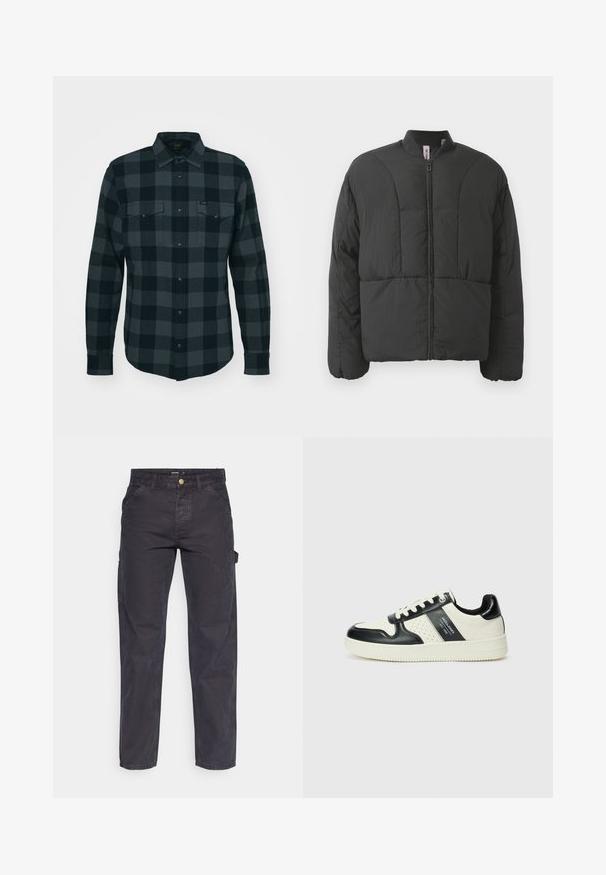 Črna podložena jakna z visokim ovratnikom, sprednjim zadrgo in dvema velikima stranskima žepoma. Ima gladko, lahko tkanino in prešito zasnovo.; Sivo-črno karirasto flanelasto srajco z gumbom na sprednji strani, dvema žepoma na prsih in zaobljenim robom; mehka struktura in dolgi rokavi.; Temno sivi cargo hlače iz trpežnega materiala, z ravnim krojem nogavic, petimi žepi in gumbom za zapiranje v pasu.; Usnjeni športni čevlji z črno in krem barvno shemo, ki vključujejo perforirane dodatke, podložen ovratnik in strukturirano podplat.