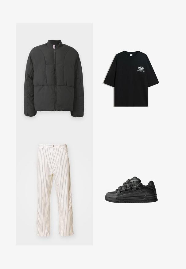 Crna podstavljena jakna s visokim ovratnikom, prednjim patentnim zatvaračem i dva velika bočna džepa. Karakterizira je glatka, lagana tkanina i kviltani dizajn.; Crna oversized pamukasta majica s okruglim izrezom i kratkim rukavima, s bijelim logotipom "Shibuya" otisnutim na prednjoj strani.; Bež prugaste hlače opuštenog kroja, s verticalnim smeškim prugama, prednjim dugmetom za zatvaranje i bočnim džepovima.; Crne tenisice s glatkom kožnom gornjom površinom, teksturiranim detaljima i okruglim crnim i bijelim vezicama. Debeli gumeni potplat s uzorkom.